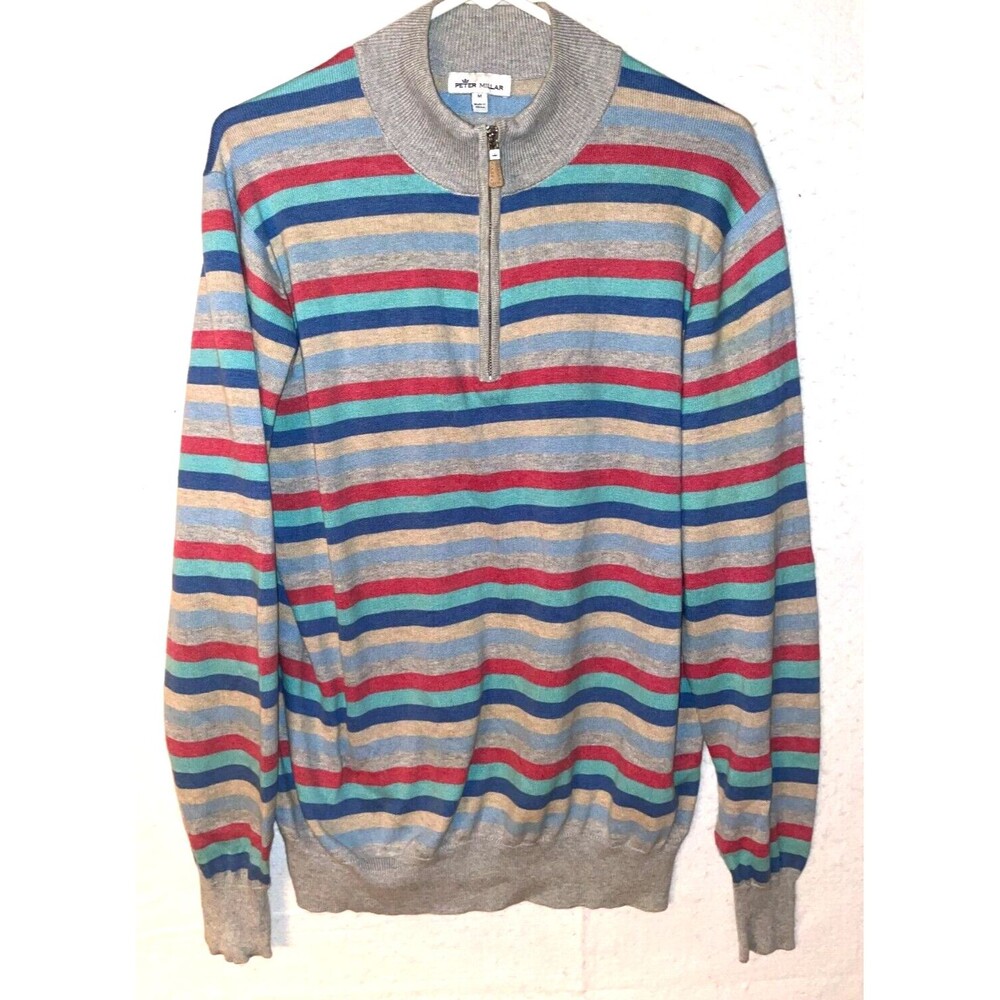 Peter Millar 1/4 Zip Sweater Mens M Pima Silk Cashmere Rainbow Striped Pullover